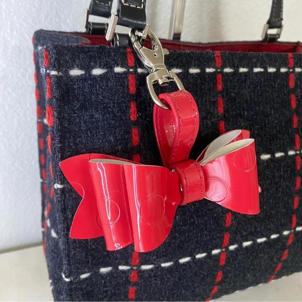 Kate Spade Black Plaid Tote with Red Bow Charm